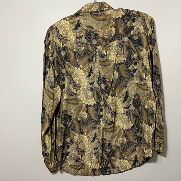Vintage Boho Top Leaf Print Silk Blouse Eclectic Rare Novelty Print Nature AOP - Picture 10 of 13